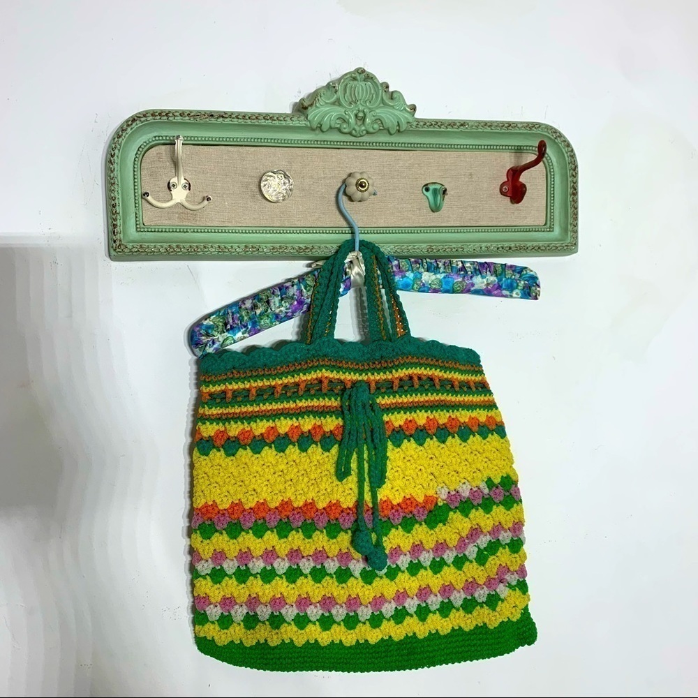 Woven vintage Y2K colorful tote bag large size green orange yellow travel bag